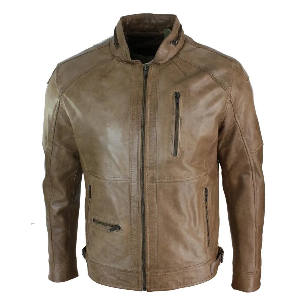 Mens Zipped Biker Style Smart Casual Real Leather Jacket Black Brown Olive Urban