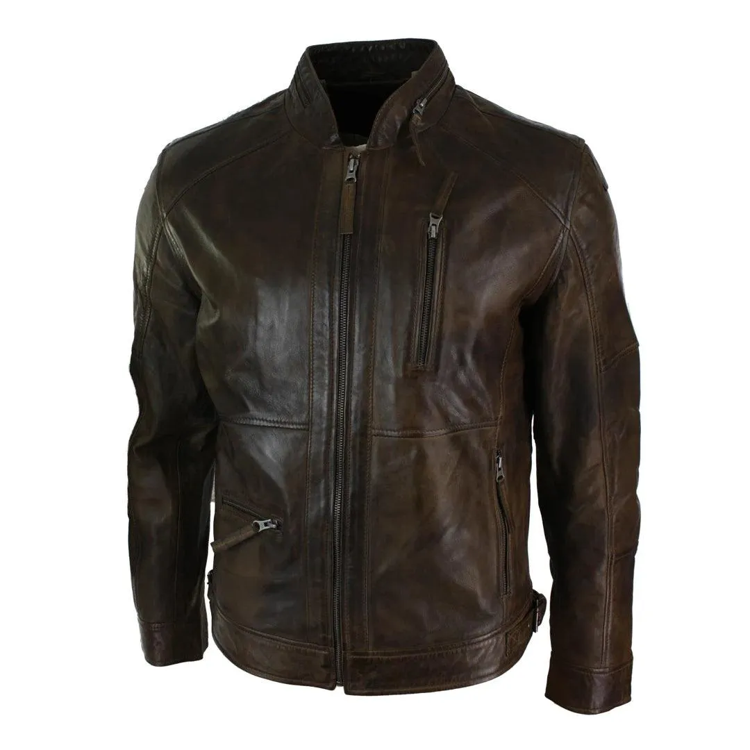 Mens Zipped Biker Style Smart Casual Real Leather Jacket Black Brown Olive Urban