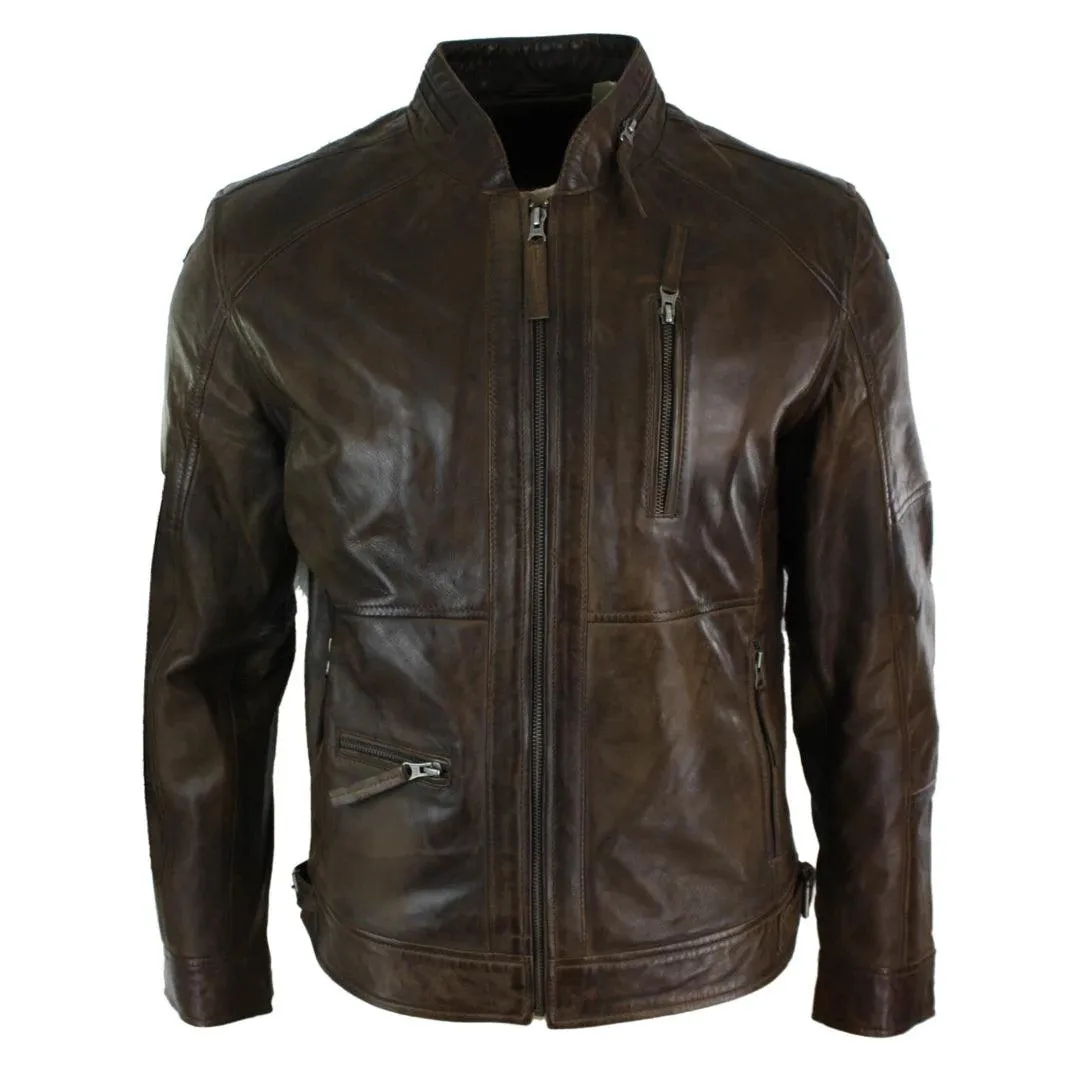 Mens Zipped Biker Style Smart Casual Real Leather Jacket Black Brown Olive Urban