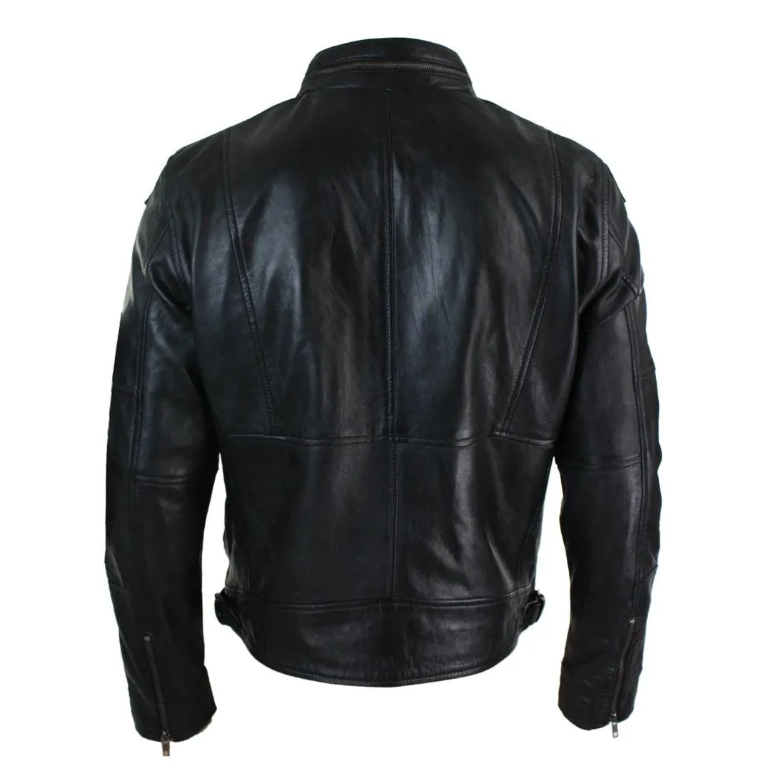 Mens Zipped Biker Style Smart Casual Real Leather Jacket Black Brown Olive Urban