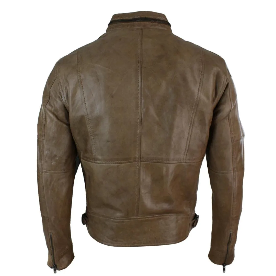 Mens Zipped Biker Style Smart Casual Real Leather Jacket Black Brown Olive Urban