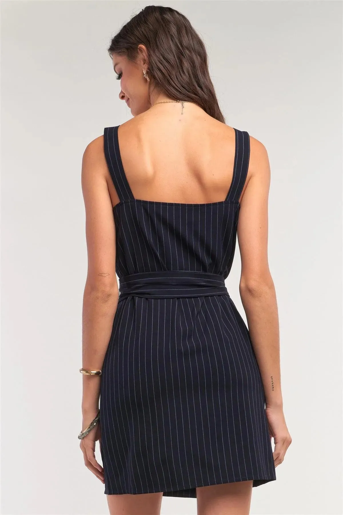 Navy Pinstriped Sleeveless Square Neck Double Breasted Self-Tie Belt Detail Fitted Mini Dress