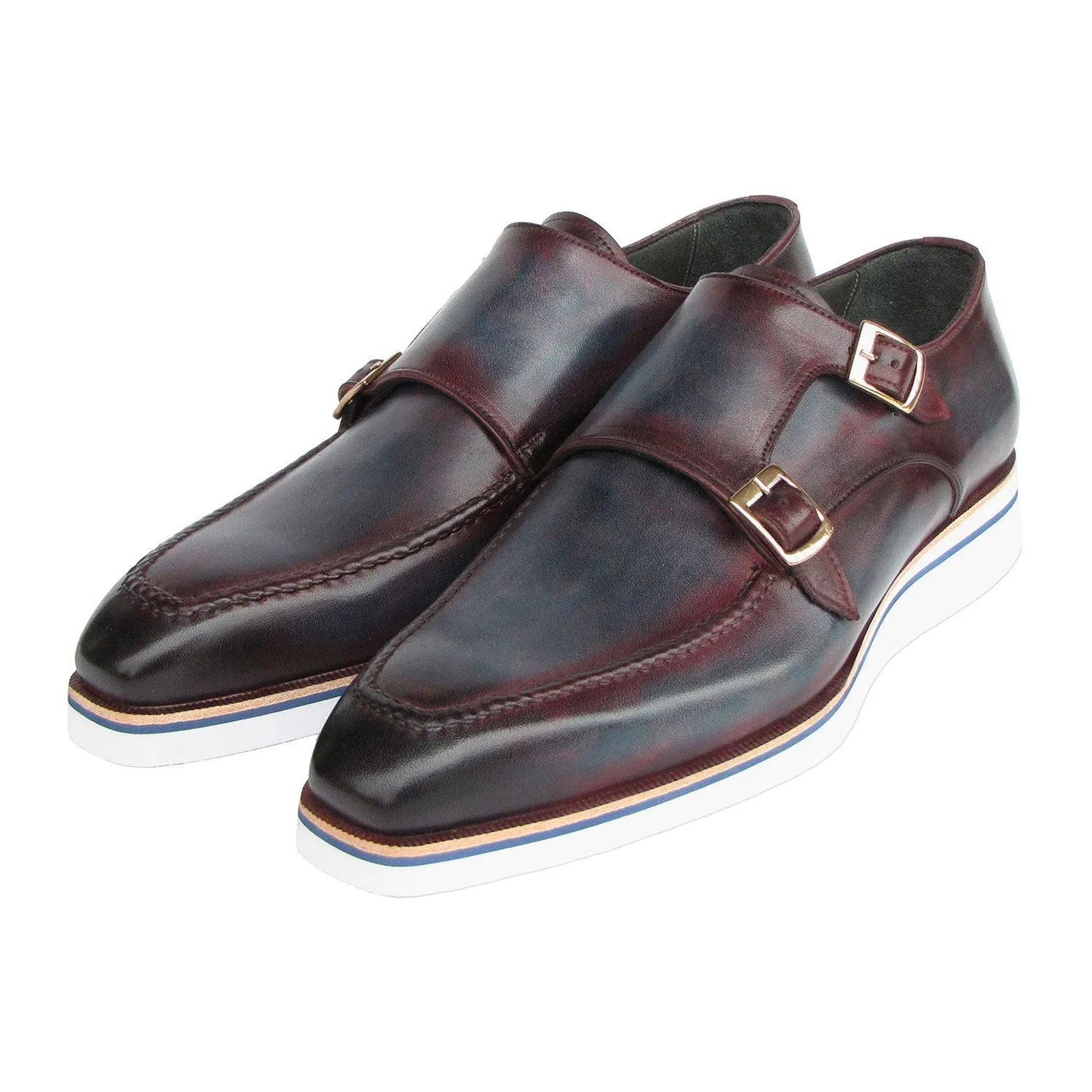 Paul Parkman 189-BLU-BRD Men's Shoes Blue & Bordeaux Calf Skin Leather Monk-Straps Loafers (PM6398)