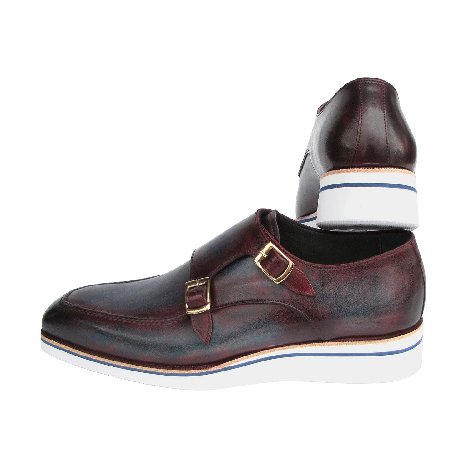 Paul Parkman 189-BLU-BRD Men's Shoes Blue & Bordeaux Calf Skin Leather Monk-Straps Loafers (PM6398)