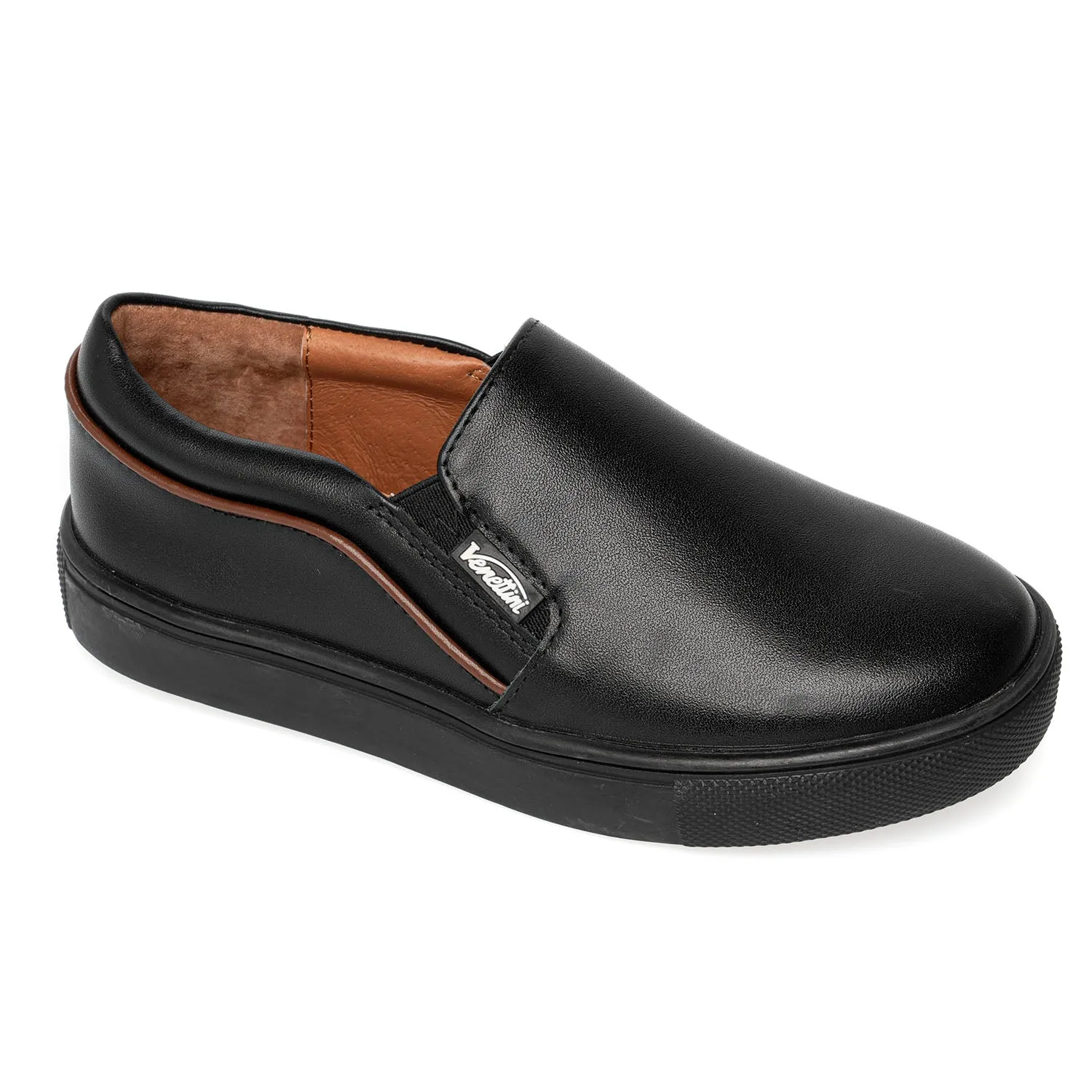 SALE FW24 Venettini Cody Black Leather/ Brown Trimmed Slip On Sneaker