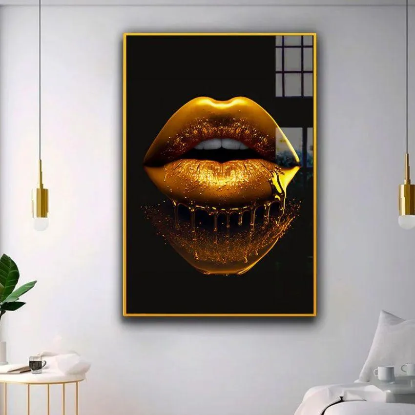 Sleek and Stylish Golden Lips Canvas Wall Painting