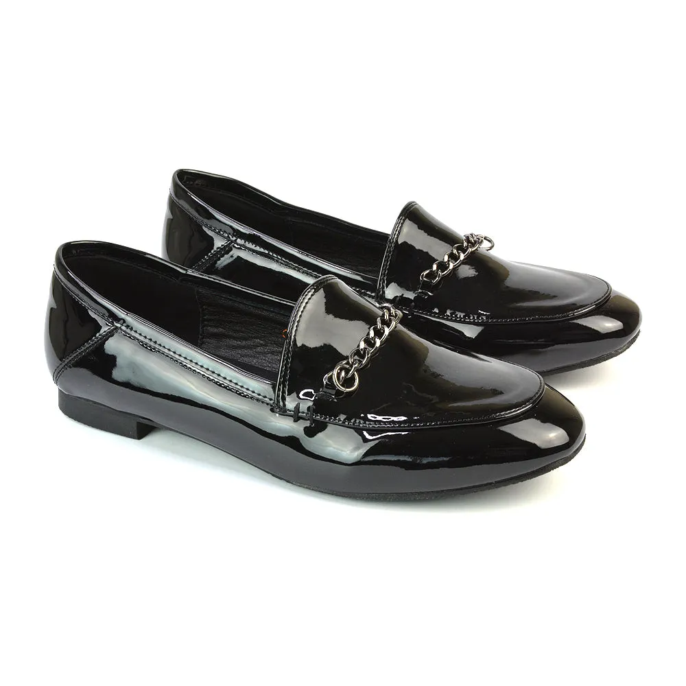 Tessah Chain Detail Flat Heel Slip On School Shoes Loafers is Black Synthetic Leather