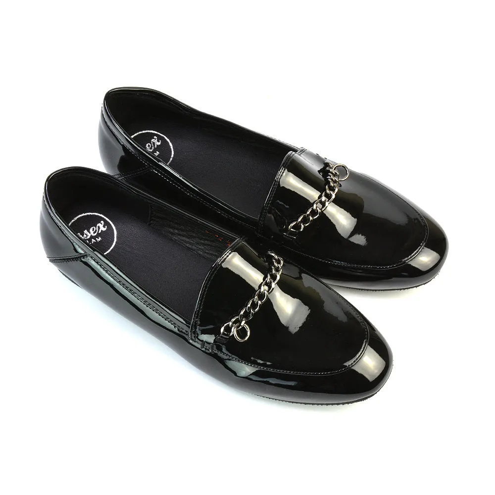 Tessah Chain Detail Flat Heel Slip On School Shoes Loafers is Black Synthetic Leather