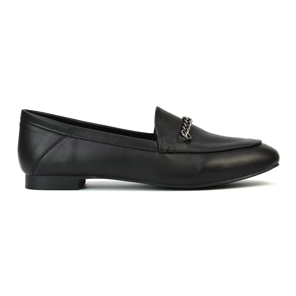 Tessah Chain Detail Flat Heel Slip On School Shoes Loafers is Black Synthetic Leather