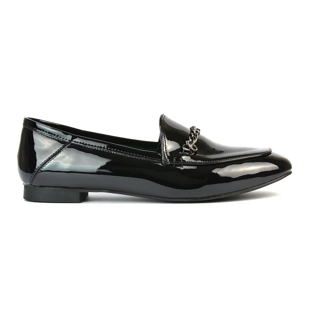 Tessah Chain Detail Flat Heel Slip On School Shoes Loafers is Black Synthetic Leather