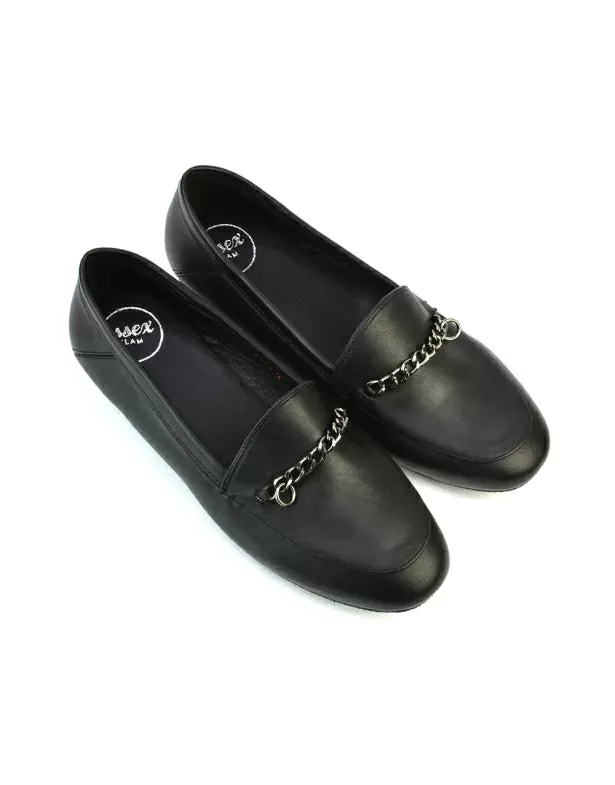 Tessah Chain Detail Flat Heel Slip On School Shoes Loafers is Black Synthetic Leather