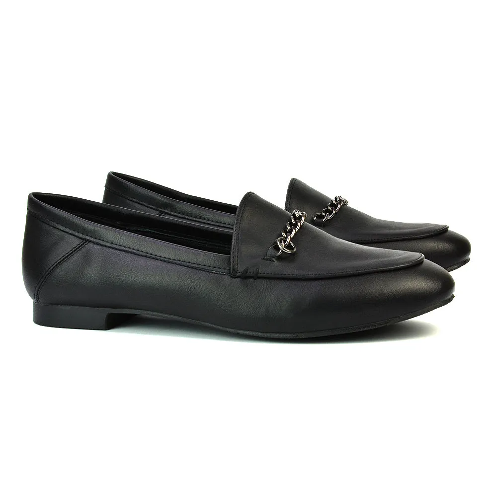 Tessah Chain Detail Flat Heel Slip On School Shoes Loafers is Black Synthetic Leather