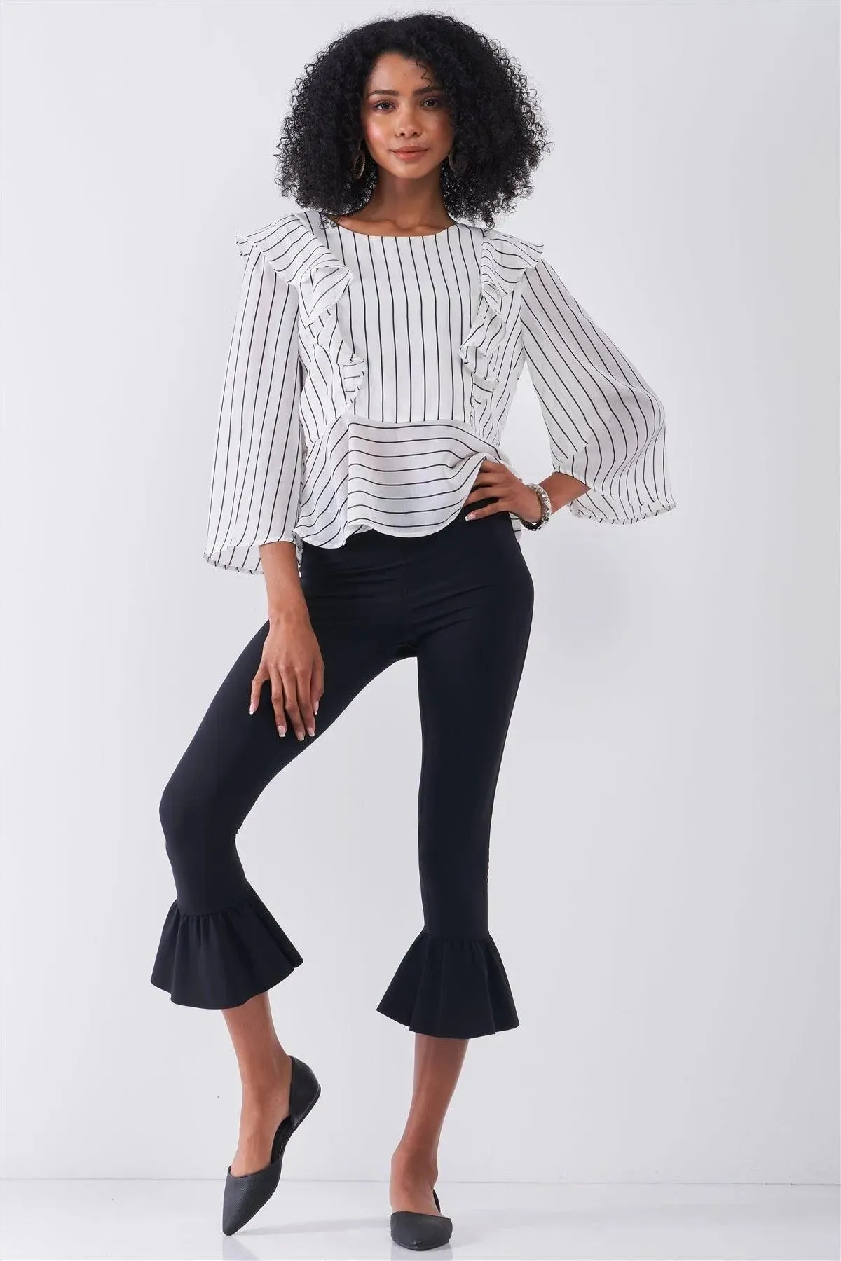 White & Black Pinstriped Ruffle Trim Angel Sleeve Detail Relaxed Blouse /1-2-2-1