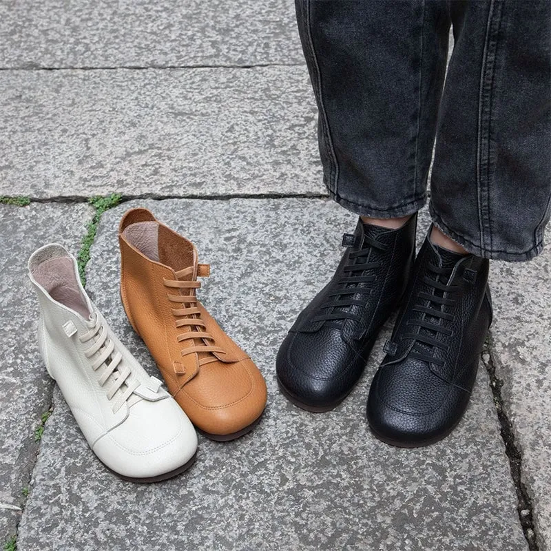 Women Barefoot Ankle Booties Leather Square Toe Flat Lace Up Boots in Brown/Black/Beige