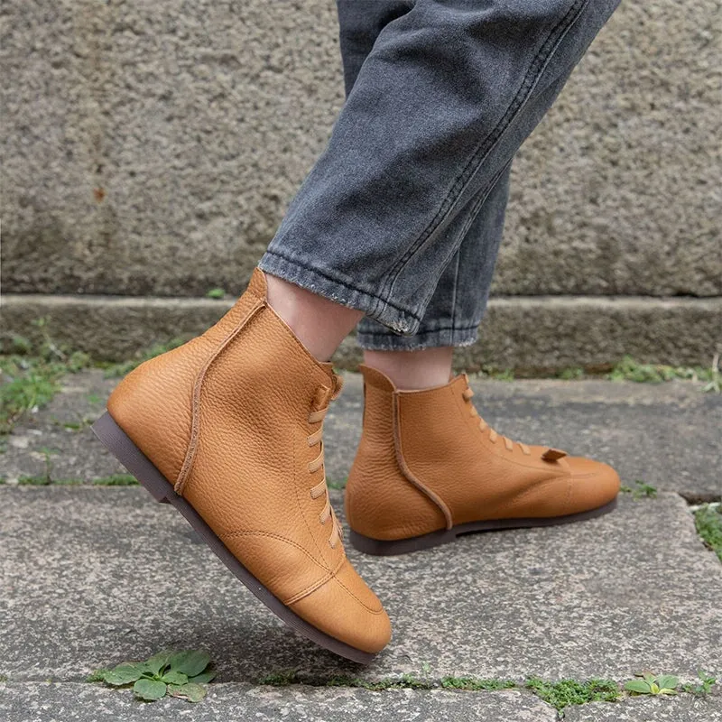 Women Barefoot Ankle Booties Leather Square Toe Flat Lace Up Boots in Brown/Black/Beige