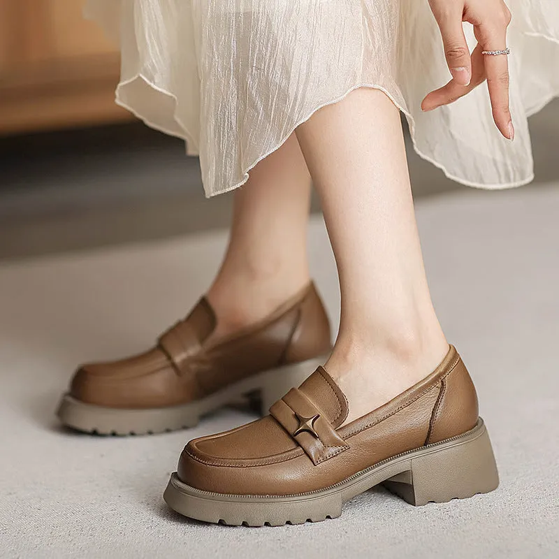 Women Retro Casual Leather Chunky Sole Loafers