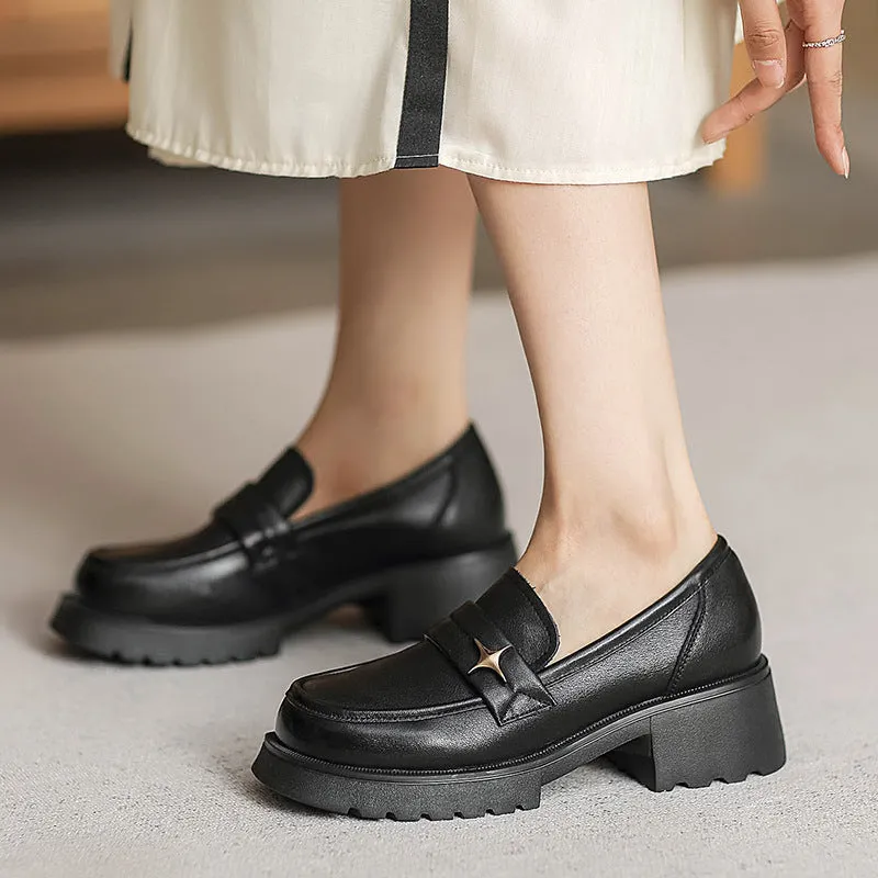 Women Retro Casual Leather Chunky Sole Loafers