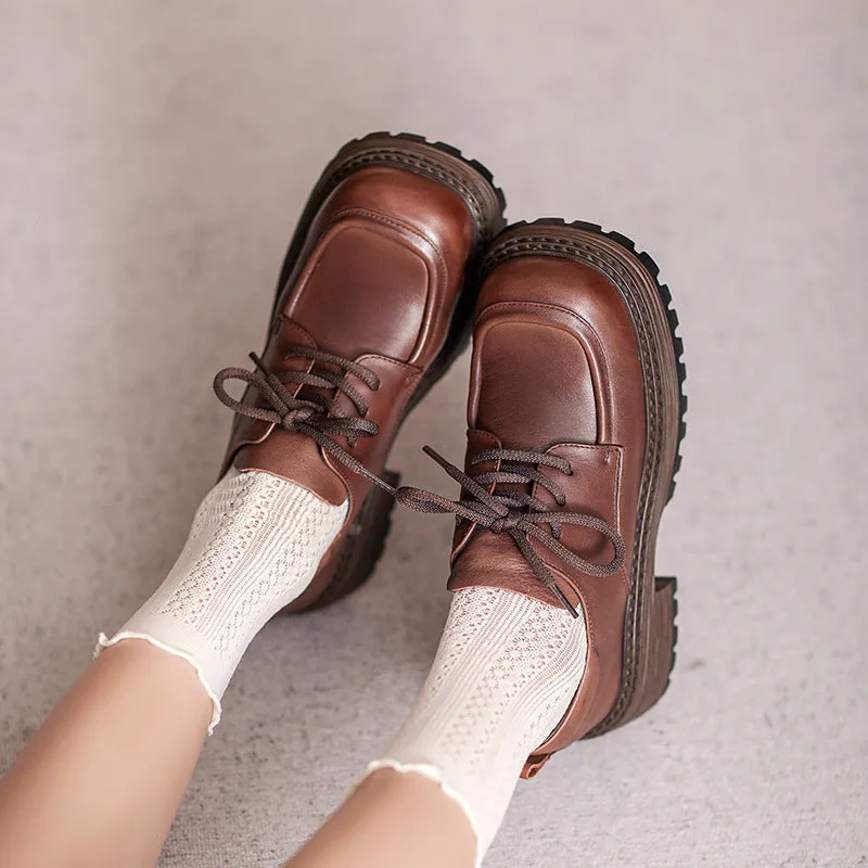 Women Retro Minimalist Leather Lace-up Loafers