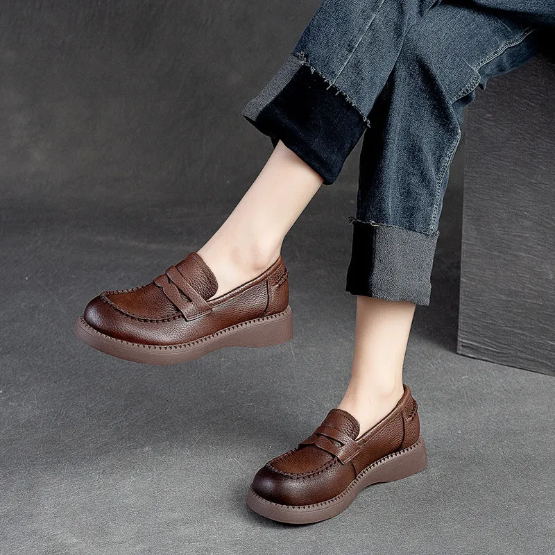 Women Retro Soft Solid Leather Flat Casual Loafers