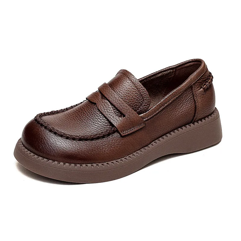 Women Retro Soft Solid Leather Flat Casual Loafers