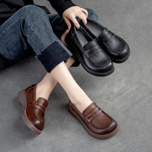 Women Retro Soft Solid Leather Flat Casual Loafers