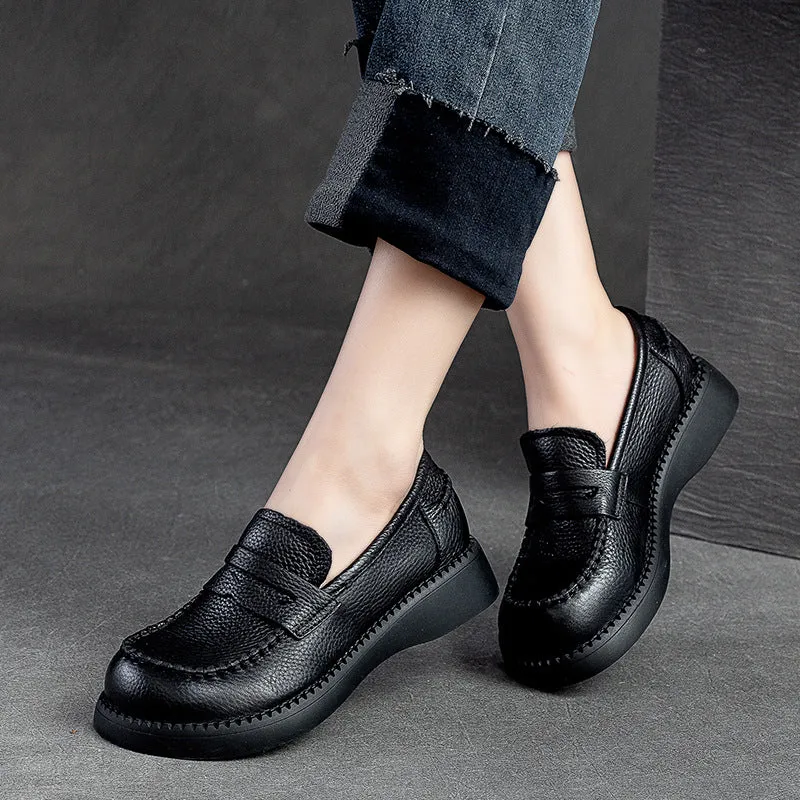 Women Retro Soft Solid Leather Flat Casual Loafers